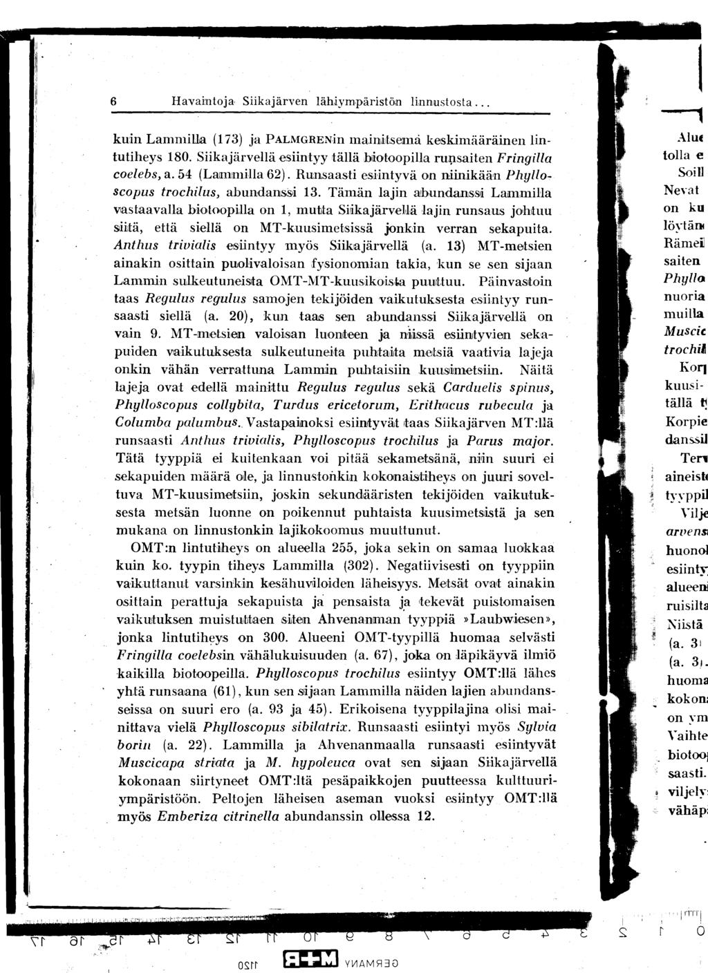 6 Havaintoja Siikajärven lähiympäristön linnustosta... ' kuin Lammilla (173) ja PALMGRENin maini~tseanå keskimääräinen lintutiheys 180.