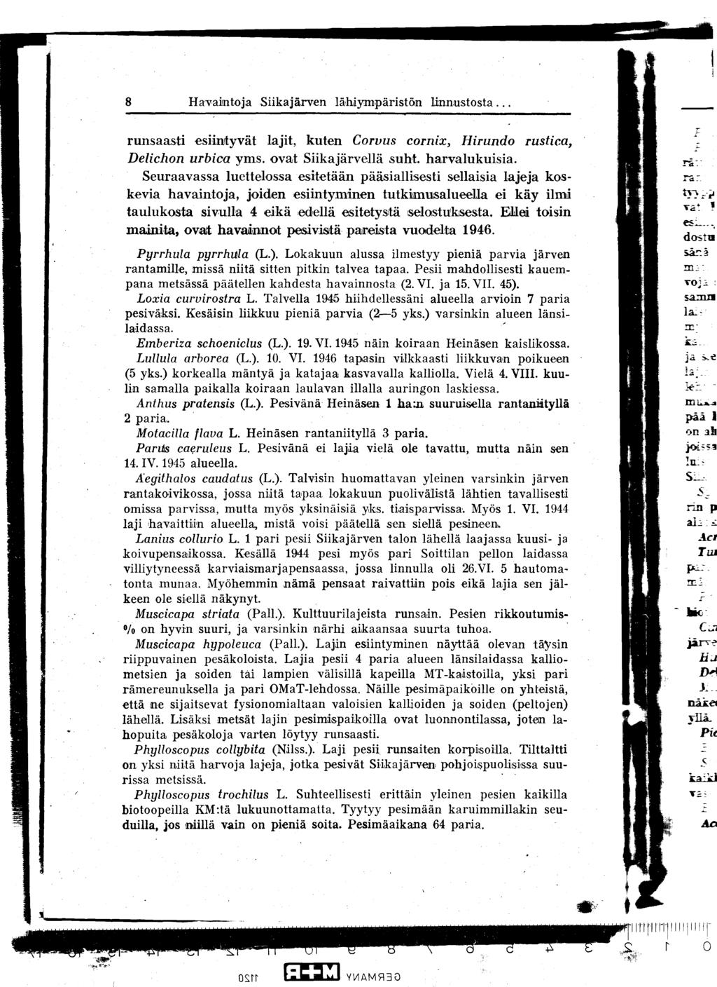 8 Havaintoja Siikajärven lä,hiympäristöin linnustosta... runsaasti esiintyvät lajit, kuten Corvus cornix, Hirundo rustica, Delichon urbica yms. ovat Siikajärvellä suht. harvalukuisia.
