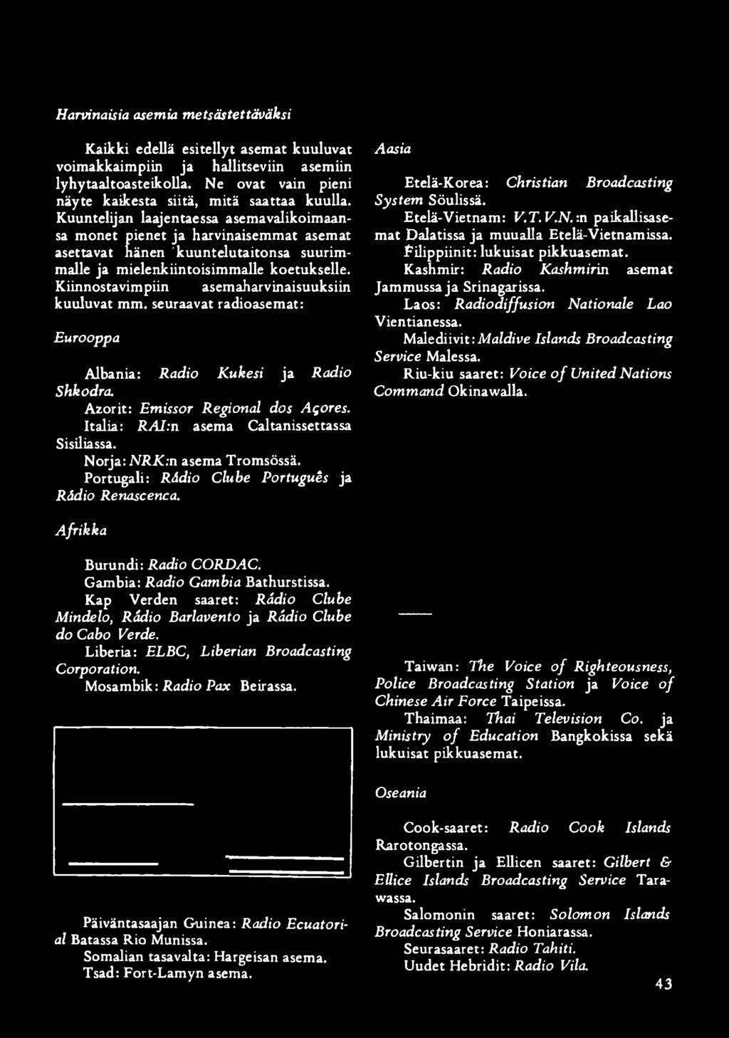 Kiinnostavimpiin asemaharvinaisuuksiin kuuluvat mm. Seuraavat radioasemat: Eurooppa Albania: Radio Kukesi ja Radio Shkodra. Azorit: Emissor Regional dos Açores.