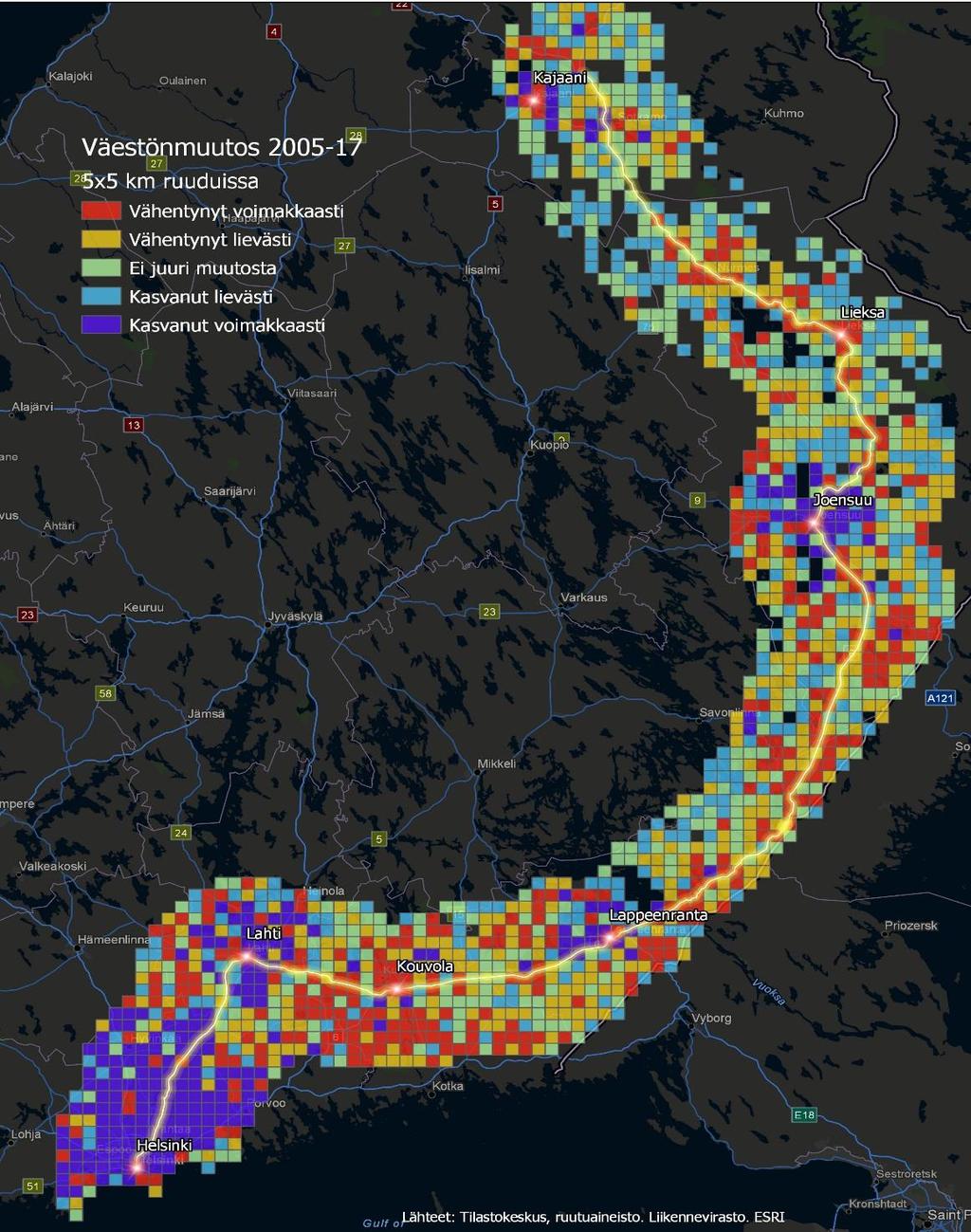 Itäradan itäisen osan 30 + 30 kilometrin käytävä ja väestönmuutos 5 x 5 kilometrin ruuduissa vuosina 2015-2017 Itäradan itäisen 30 + 30 kilometrin käytävän alueella asui noin 2.131.