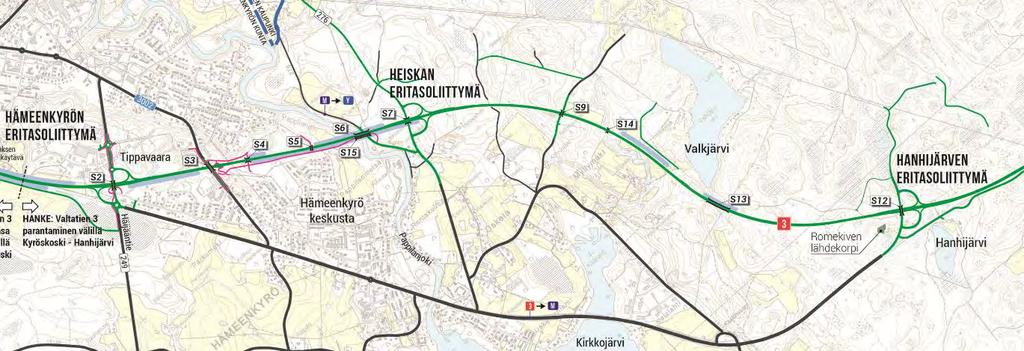 Vt 3 Kyröskoski Hanhijärvi uusi linjaus Valtatien uusi linjaus Hämeenkyrön pohjoispuolelle noin 10 km