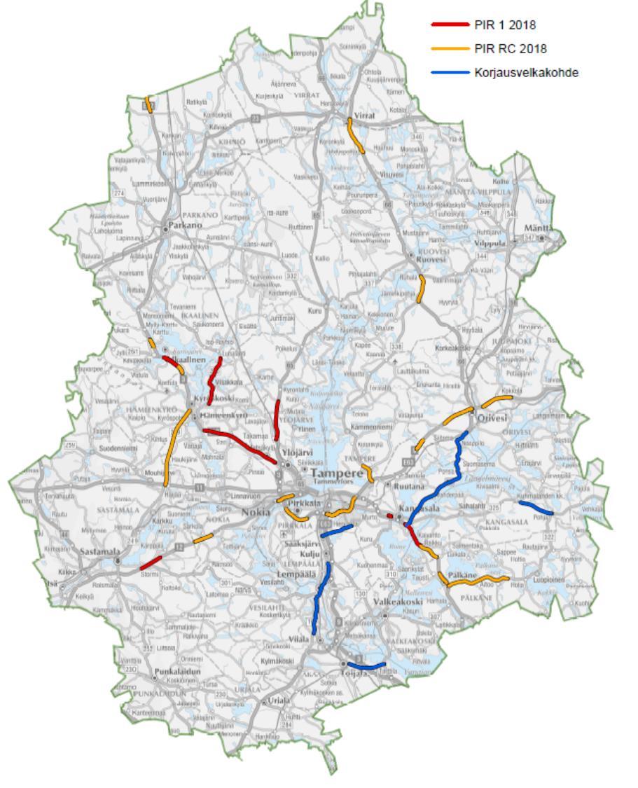 Suunnitelma 8 (17) Kuva Alustava päällystysohjelma vuonna 2018 (PIR1 = päällystyskohteet, PIR RC = uusiopäällystyskohteet ja erikseen vielä korjausvelkakohteet) Korjausvelkakohteina olevien kahden