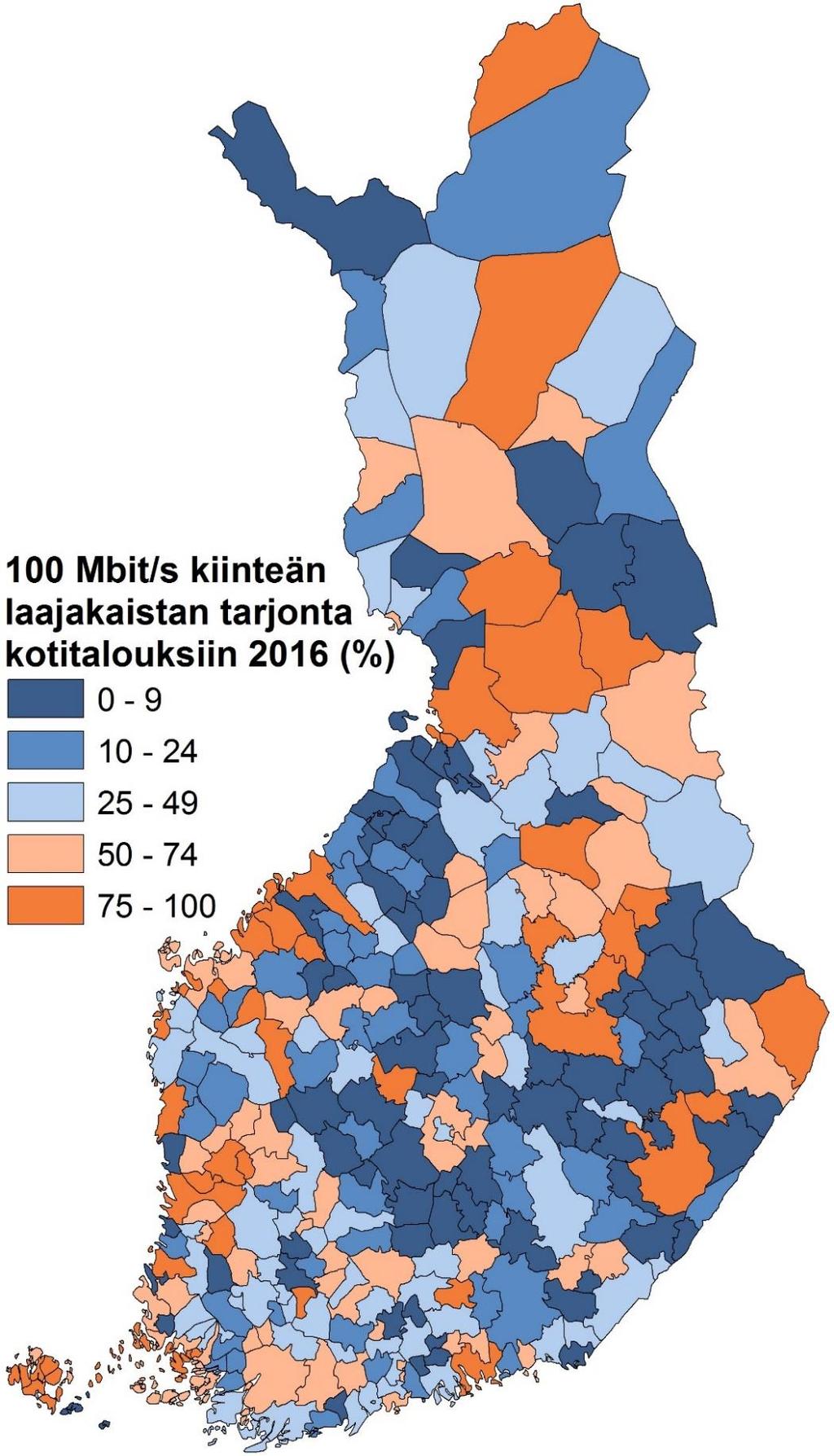 72 Kartta 6. 100 megan kiinteän laajakaistan kuntakohtainen tarjonta (2015 kuntajako) Lähde: Viestintävirasto 2016.