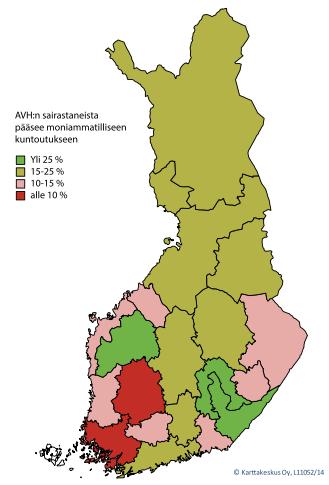 31 5.3 Kuntoutuksen järjestäminen Havainto: Varsinais-Suomessa aivoverenkiertohäiriöiden moniammatillinen kuntoutuksen saatavuus on merkittävästi heikompaa kuin koko Suomessa keskimäärin.