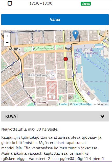 Toteutettiin verkkosovellus, joka auttoi löytämään oman sijainnin avulla lähimmän avoinna olevan neuvotteluhuoneen ja etätyöpisteen. Tilojen kuvailuja toteutettiin yli sadasta työskentelypaikasta.