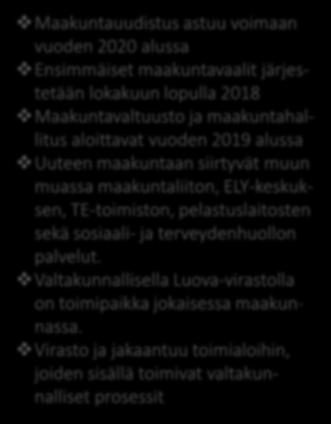 maakuntaan siirtyvät muun muassa maakuntaliiton, ELY-keskuksen, TE-toimiston, pelastuslaitosten sekä sosiaali- ja terveydenhuollon.
