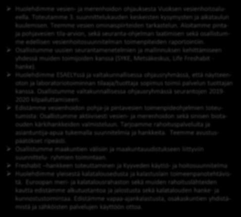 Avoin yhteistyö ja osallistaminen parantavat vesien tilaa ja kalakantojen hyödyntämistä Toiminnan tulokset VESIENHOITO JA -TILA Vesienhoidon toimenpideohjelmat on jalkautettu tarkempiin suunnitelmiin