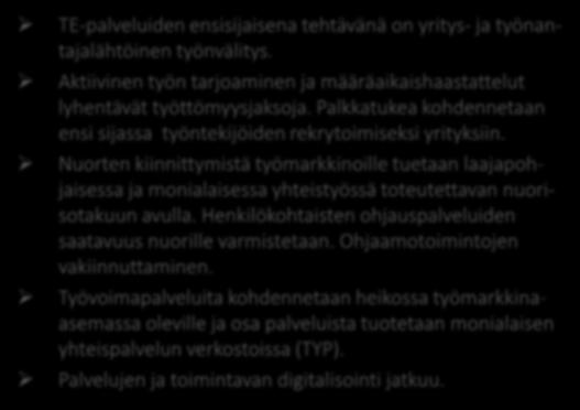 TE-palveluiden työnvälitys parantaa työvoiman kysynnän ja tarjonnan kohtaantoa sekä työnhakijoiden nopeaa työllistymistä Toiminnan tulostavoitteet 2018 Työpaikat täyttyvät työnantajien