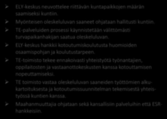 Maahanmuuttajien kotoutuminen onnistuu. Tavoite: virta yli 3 kk tyött. max 37 % Maahanmuuttajien osaaminen vahvistaa osaltaan Etelä-Savon elinkeinoelämää.