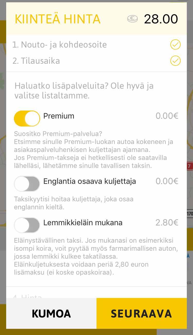 Valitsemalla lähtö- ja kohdeosoitteen voit päättää, haluatko ajaa taksimatkan etukäteen määritetyllä kiinteällä hinnalla, vai menetkö