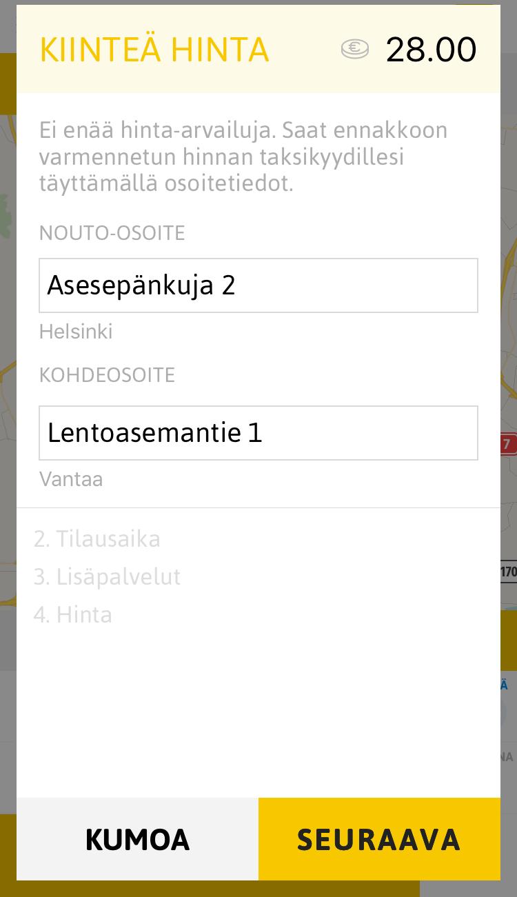 Kiinteähintainen matka sisältää suoratilauksessa 5 minuutin odotuksen tilausosoitteessa.