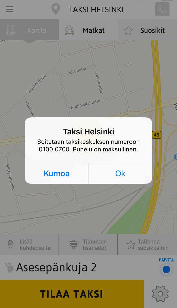 8. Puhelun soittaminen palvelukeskukseen Voit soittaa sovelluksesta suoraan tilausvälityskeskukseemme painamalla