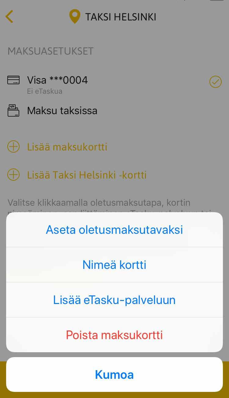 1.2. Asetukset - Maksuasetukset Maksukorttisi tiedot rekisteröimällä veloitus tapahtuu automaattisesti ilman, että tarvitset edes lompakkoa taksissa.