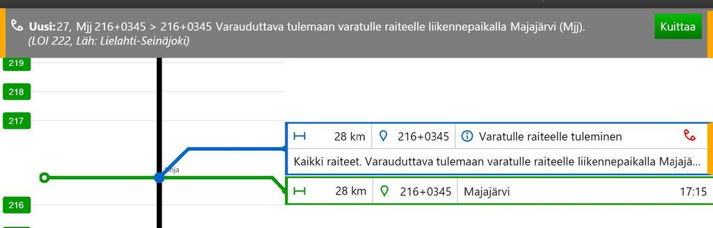 3. Ajotiedot ja ajoon liittyvät toiminnallisuudet Sivu 33 Uusi ilmoitus. Uudesta ilmoituksesta kertovat viesti ajotietojen yläreunassa ja oranssipäätyinen merkintä ajotietojen näyttöalueella.