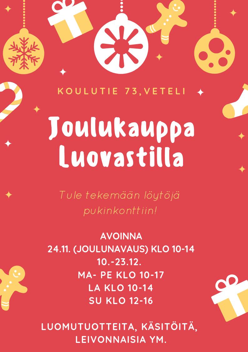 Su 23.12. klo 10 jumalanpalvelus. Ma 24.12. klo 14 ja klo 16 jouluaaton hartaudet kirkossa. Klo 23 jouluyön messu. Ti 25.12. klo 7 jouluaamun jumalanpalvelus.