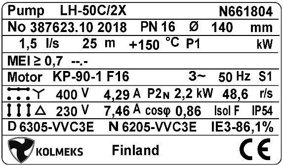 2 Arvokilpi Varaosia tilattaessa ilmoita pumpun arvokilvestä pumpun tyyppi, valmistusnumero, tuottoarvot, juoksupyörän koko, sähkömoottorin tyyppi ja teho. 11.2.1 Pumppu integroidulla moottorilla Pumpputyyppi Moottorikoodi Valmistusnumero Juoksupyörän koko ja materiaali Tuottoarvot Sähkömoottorin tiedot 11.