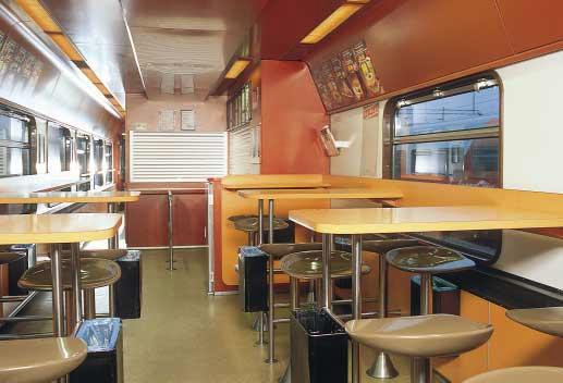Rkt Ravintolavaunu 27297lph Yleisin ravintolavaunutyyppi on Rkt. Sitä käytetään sekä yli että alle 3 tunnin päiväpikajunissa ja yöjunissa.