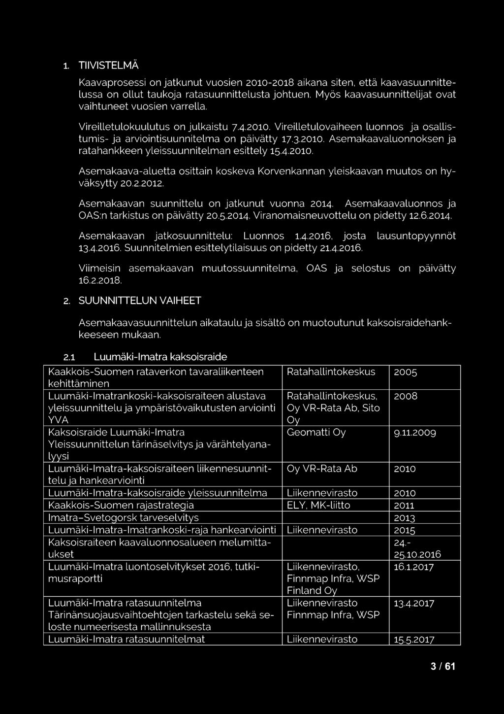 Asemakaava-aluetta osittain koskeva Korvenkannan yleiskaavan muutos on hyväksytty 20.2.2012. Asemakaavan suunnittelu on jatkunut vuonna 2014. Asemakaavaluonnos ja OAS:n tarkistus on päivätty 20.5.