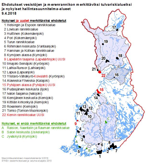 2/7 Kuva 2. Ehdotukset merkittäviksi vesistöjen ja merenrannikon tulvariskialueiksi 2018-2024 sekä hallintasuunnitelma-alueet vuosille 2016-2021.