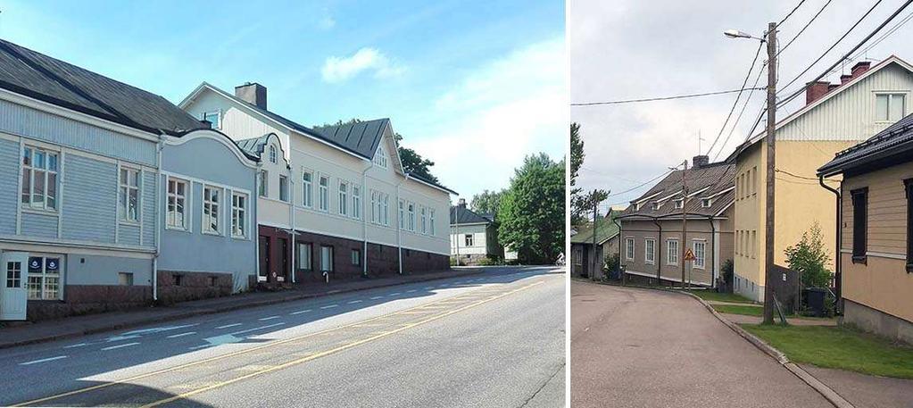 Vasemmalla Paalasenmäen kortteleita. Kokonaisuus on Kotkan parhaiten säilyneitä 1900-luvun alun puukaupunkialueita.