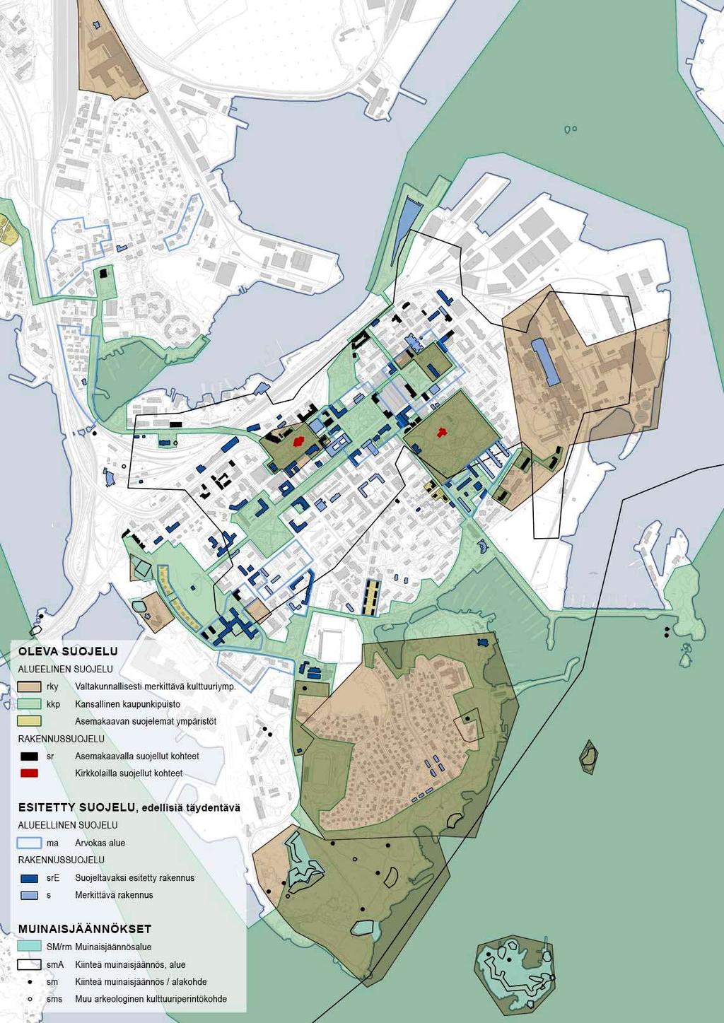 Koonti kotkansaaren osayleiskaava-alueen suojelutilanteesta. Uudet sekä olevat suojelukohteet sekä alueet on esitelty tarkemmin seuraavassa kohdeluettelossa.