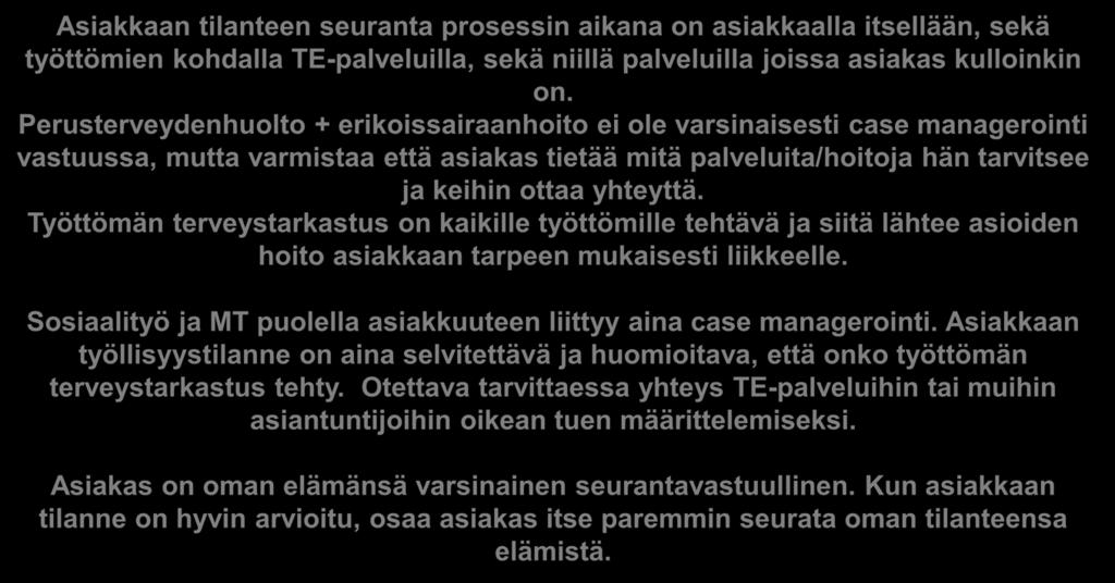 Seuranta Asiakkaan tilanteen seuranta prosessin aikana on asiakkaalla itsellään, sekä työttömien kohdalla TE-palveluilla, sekä niillä palveluilla joissa asiakas kulloinkin on.