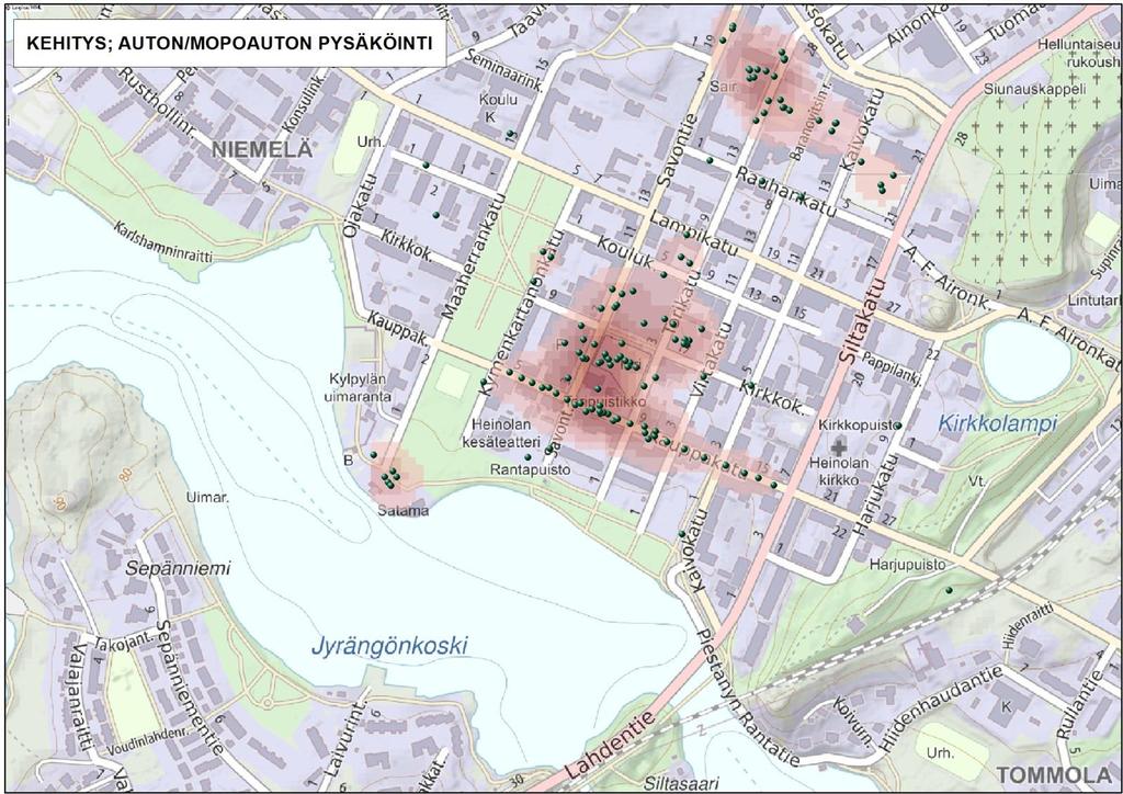 Heinolan pysäköinnin kehittämistarpeet 22 / 35 Seuraavassa kuvassa 7. on esitetty autojen pysäköinnin kehitysehdotukset kartalla.