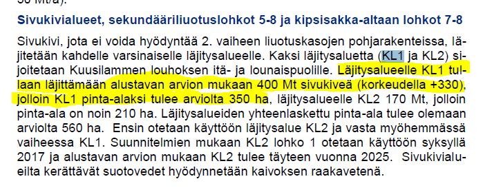 YVA selostuksessa KL1 alue käsittää 400 miljoonaa tonnia sivukiveä ja alue on