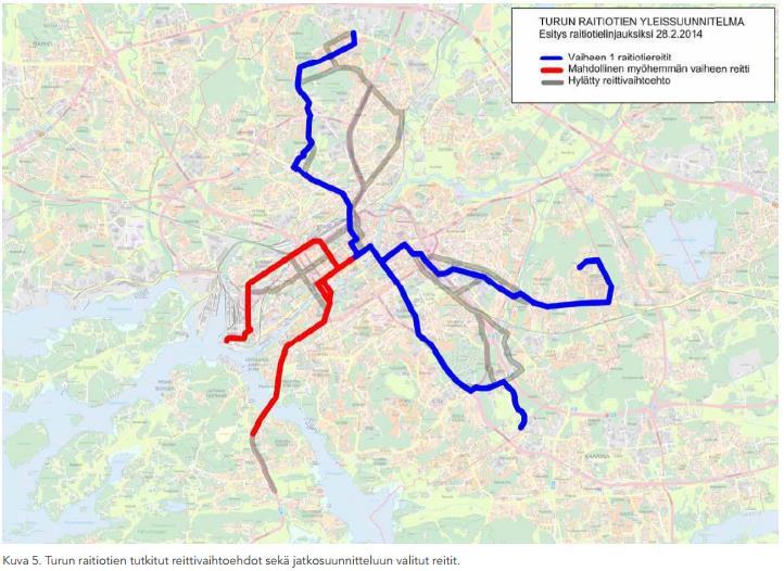 Yleissuunnitelman tarkennuksessa raitiotien toinen linja on jätetty