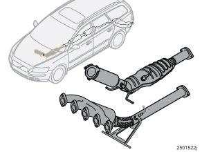 11 Erittely Katalysaattori 11 Yleistä Katalysaattorin tehtävänä on puhdistaa pakokaasut. Se on sijoitettu pakokaasuvirtaukseen moottorin lähelle, jotta se saavuttaa nopeasti toimintalämpötilansa.