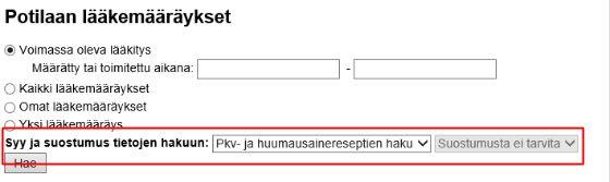 Syy ja suostumus tietojen hakuun Reseptikeskusnäkymässä annetaan syy ja suostumus tietojen hakemiseen. Syy listalla on uusia valintoja, jotka vaikuttavat mitä tietoja haetaan.