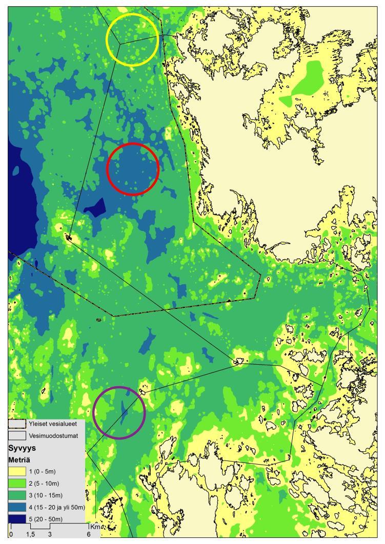 Ympäristöllinen 2: Syvyys (m) VELMU depth model, Baltic Sea bathymetry Database (BSBD), 20m resolution.