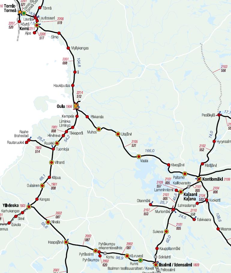 9 Oulu Laurila Oulu Laurila (112 km) on yksiraiteinen, sähköistetty, suojastettu, junien kuluvalvonnalla ja kauko-ohjauksella varustettu rataosa.