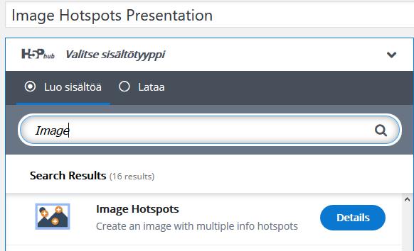 Kirjoita tehtävälle nimi (1), etsi Image (2) ja kohdassa Image Hotspots Presentation (3) napsautat painiketta