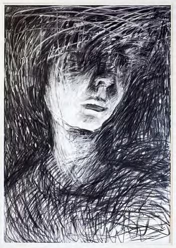 Sanna Haimila, Nimetön, 2017, hiili paperille, Kuukauden 8 / 2017 taiteilija Lisäksi POSTIAUTOVARIKOSTA KORUNDIKSI Rovaniemen taidemuseo sijaitsee Rovaniemen historian kannalta merkittävässä
