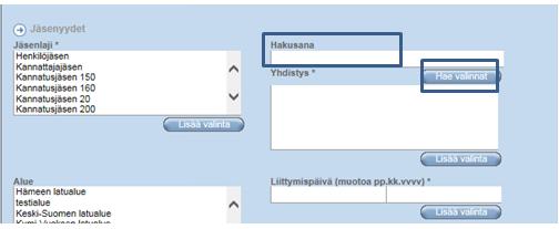 Yhdistyskäyttäjän tietopaketti 84/99 26.10.2017 3. Skrollaa sivulla alas kohtaan Jäsenyydet ja kirjoita kuvan mukaiseen hakusanakenttään oman yhdistyksesi nimi, paina Hae valinnat 4.