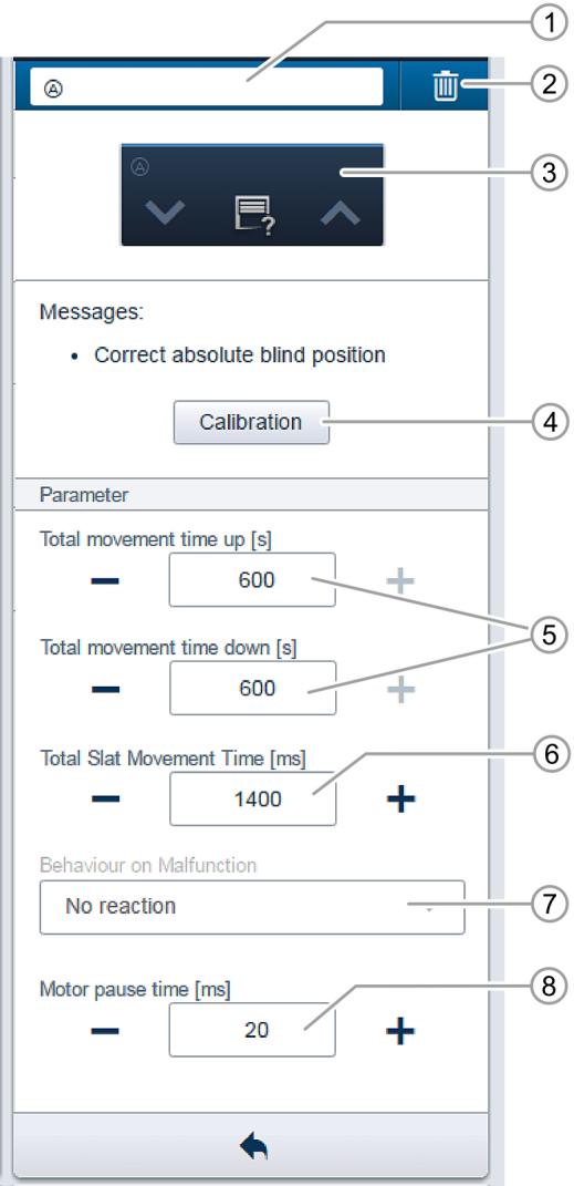 1/1-osaisen anturin/verhomoottoriohjaimen parametriasetukset Toimilaitteen asetukset [1] Nimen vaihtaminen [2] Kanavan poistaminen [3] Toimilaitteen kytkeminen - ja -painikkeilla [4] Painike