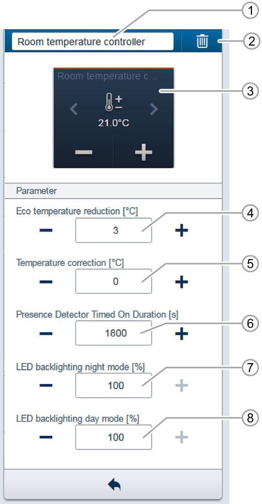 Huonetermostaatin parametriasetukset Toimilaitteen asetukset [1] Nimen vaihtaminen [2] Kanavan poistaminen [3] Toimilaitteen kytkeminen painikkeella [4] Eco-lämpötilan alentamisen asettaminen