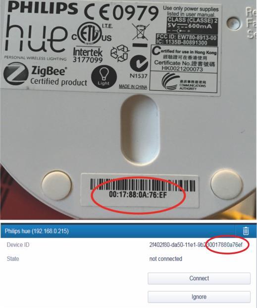 Jos useita Philips HUE -siltoja on verkossa, silta identifioidaan MACosoitteella. Osoite löytyy HUE-sillasta tai HUE app -sovelluksesta ["Settings -> My Bridge"].
