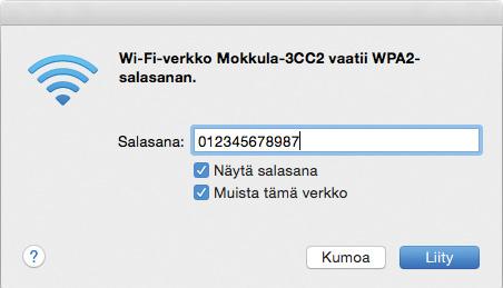 Seuraavaksi tietokone kysyy langattoman verkon salasanaa. Salasana löytyy Mokkulan takakannessa olevasta tarrasta. Kirjoita salasana tarkalleen samalla tavalla, kuin se on Mokkulan takakannessa.