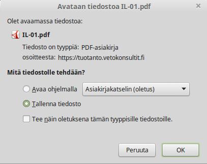 Voit joko tallentaa laskutiedoston koneelle (tämä on oletusvaihtoehto) ja avata