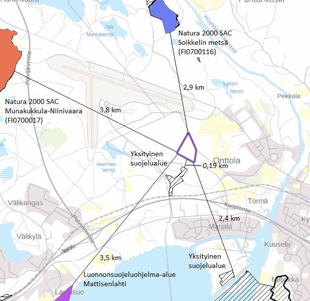 Toiminta alue kuvattu violetilla. Lähin Natura 2000 SAC alue Soikkelin metsä (FI0700116) sijaitsee lähes 3 km:n etäisyydellä pohjoisessa.