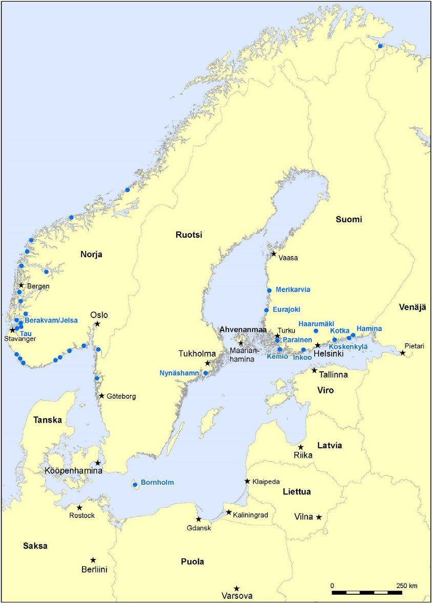 YMPÄRISTÖMINISTERIÖN RAPORTTEJA 13/2018 Kuva 2. Kiviaineslouhoksia (sininen symboli), joista kiviainesvientiä. Louhoksista nimetty paikat, jotka esiintyvät tässä raportissa (esim.