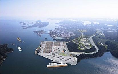 KIVIAINESHUOLLON KEHITTÄMINEN Kuva 12. Vasemmalla Tukholman sataman luonnos uudesta Nynäshamn-satamasta, jonka fokus on konttitavaraliikenteessä (kuva: Stockholms Hamnar).