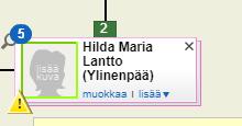 Sukupuunäytön kuvakkeet Sukupuunäytössä profiilin vasemmassa kulmassa näkyvä sininen pallo ilmaisee mahdolliset osumat.
