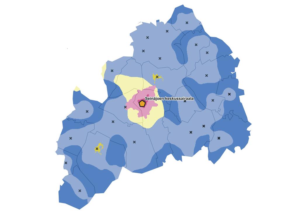 Kuvio 2 Etelä-Pohjanmaan maakunnan terveydenhuollon palveluverkko ja kaupunki maaseutu-luokitus (SYKE) Kaupunki maaseutu luokitus Sisempi kaupunkialue Ulompi kaupunkialue Kaupungin kehysalue