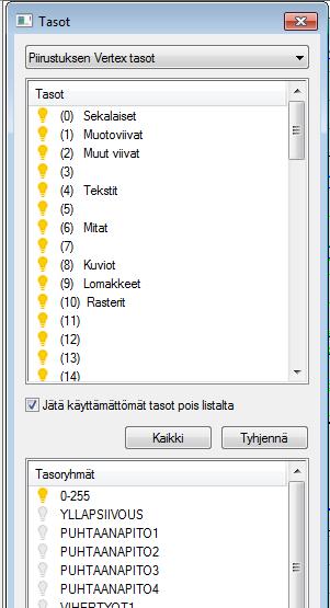 Tasot -kentästä näet tason numeron ja nimen Kun valo palaa, taso on näkyvillä Kun valo on sammutettu, taso on piilossa Tasoryhmät otsikon alla on mahdollista