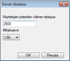 Näytä piirustuksesta piste1 ja piste2 ja syötä niiden välinen tunnettu etäisyys millimetreinä. Tässä esimerkissä 2500 on siis 2,5 metriä.