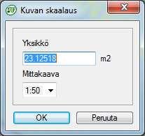 Vaihtoehtoisesti voit skaalata kuvan tunnetun pinta-alan mukaan: Valitse Yksiköt (m2), osoita alue ja anna sen tunnettu pinta-ala. HUOM!