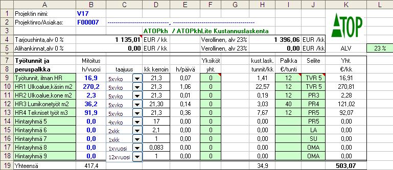 Raportit Kustannuslaskenta Exceliin 1/5 Kustannuslaskentaan pääset joko työmäärälaskenta ruudulta painikkeesta Kust.lask. tai Tulosta Kustannuslaskenta Exceliin Ohjelma pyytää valitsemaan laskentapohjan.